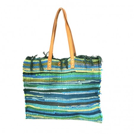 Indian green cotton tote bag with leather handle.