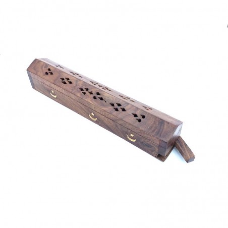 Handmade wooden box holder for incense sticks and cones.