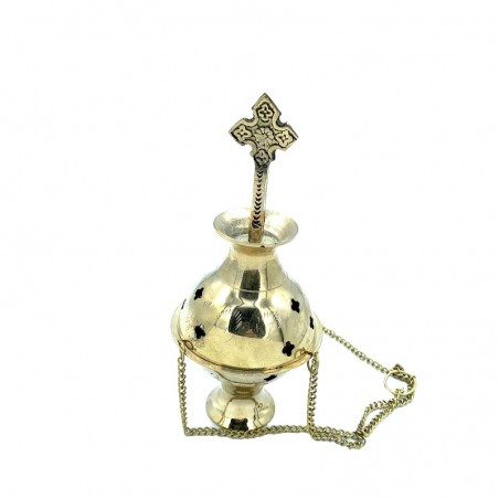 Church incense burner with a chain surmounted by a cross.