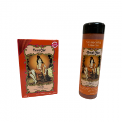 Lot of copper henna powder and shampoo for hair coloring.