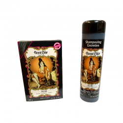 Lot of black henna powder and shampoo for hair coloring.