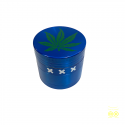 Grinder de metal azul con recogedor de polen.