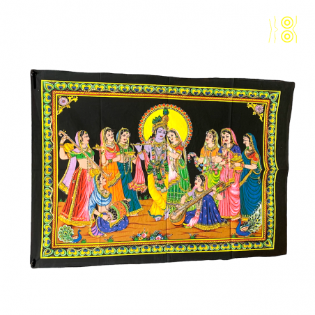 Hinduistischer Wandbehang von Radha und Krishna mit Familie.