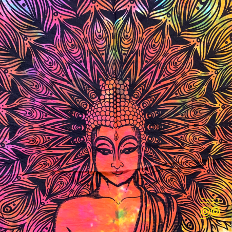 Head of a Buddha in meditation on a hanging.