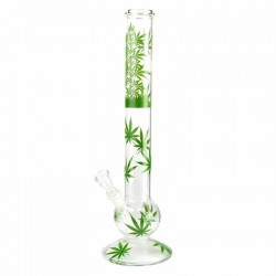 Bong grande de cristal decorado con hojas de cannabis.