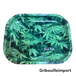 Metal rolling tray with cannabis leaves.