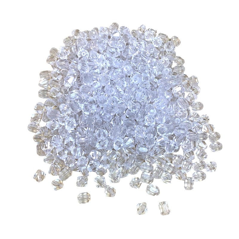 Transparent plastic beads for necklace or braids.