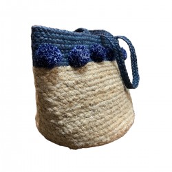 Borsa shopping Bohemian Indian in sisal e pompon blu.