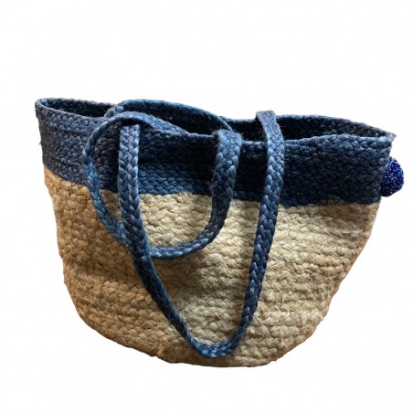 Borsa artigianale indiana in sisal e pompon blu.