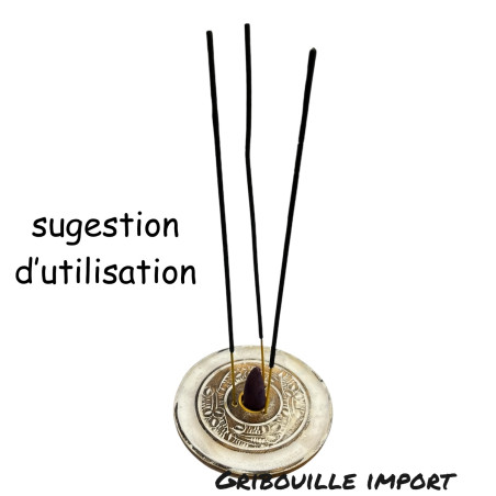 Support en bois avec cône et bâtons d'encens.