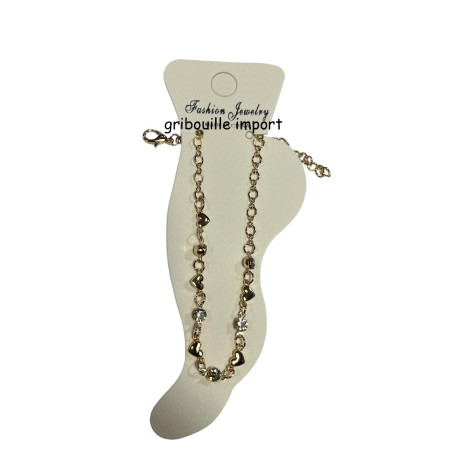Foot Chain Bracelet Gold Hearts Rhinestones