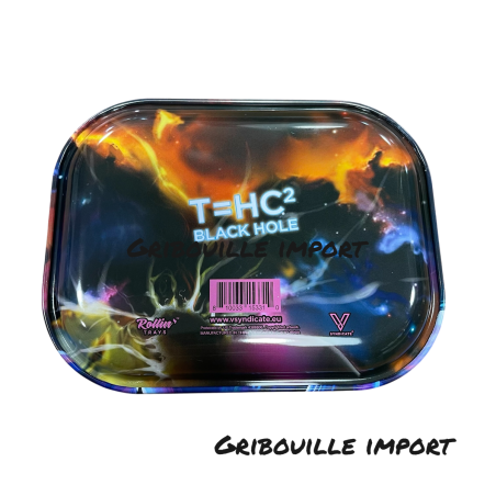 Dos du plateau à rouler en métal Einstein avec du cannabis.