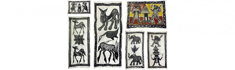 Gemälde von Korhogo oder Bogolan, aus Baumwolle, die Tiere, geäose Zeichen oder Ivorer Tänzer darstellen.