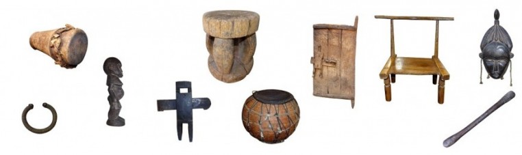 The first art is a set of chairs, stools, statues and ancient masks from Africa or Asia.