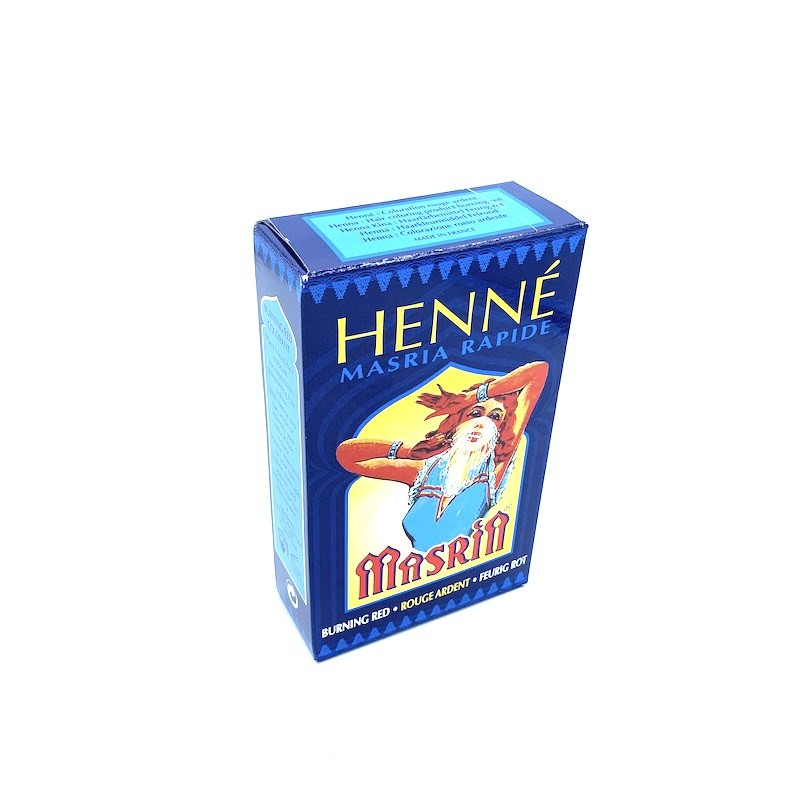 Box of fiery red henna powder for natural coloring.